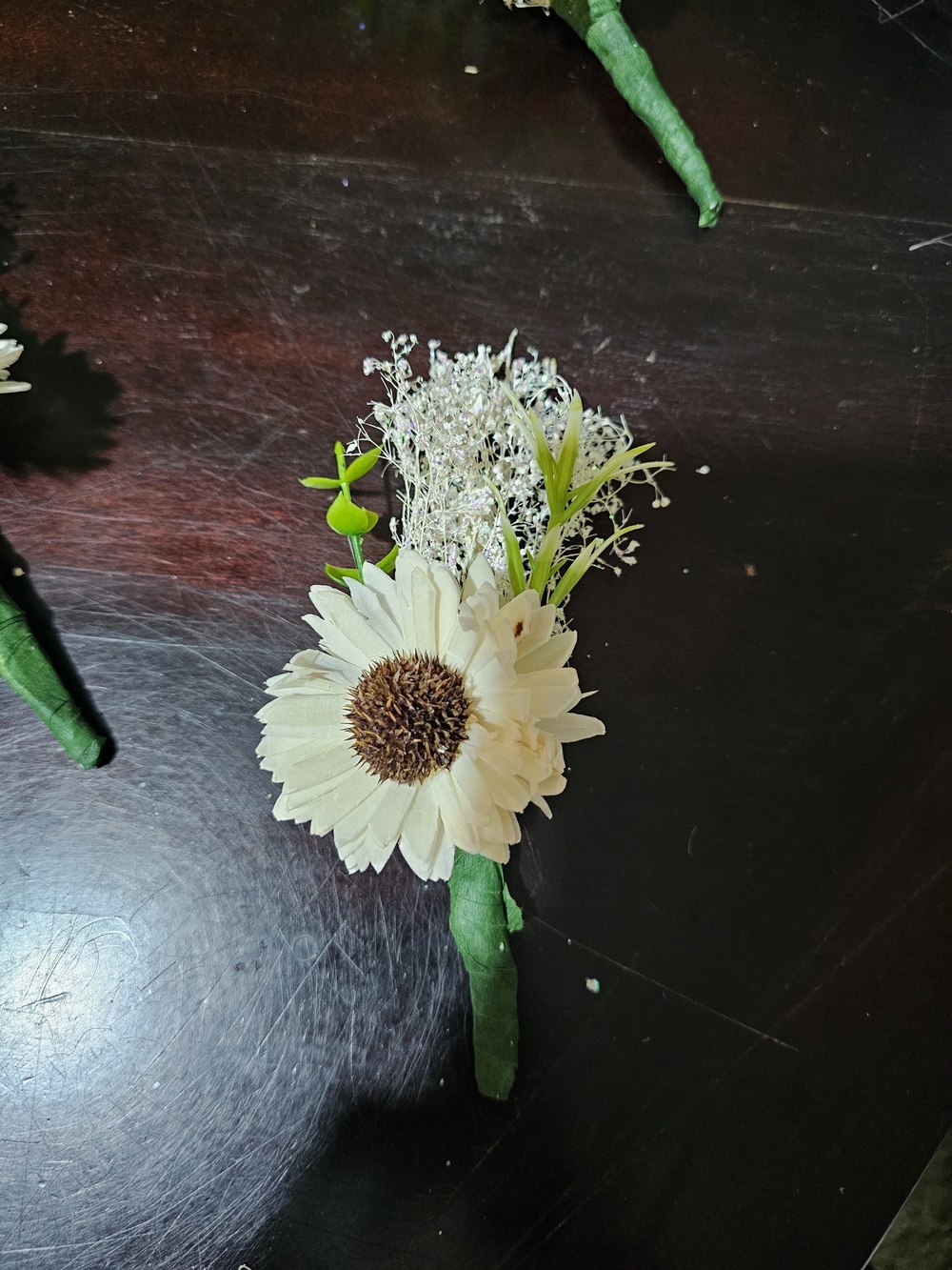 White Sola Wood Sunflower Boutonniere with Green Accents